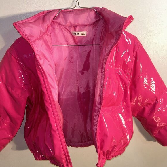 SHEIN Girls 8Y Pink Puffy Shiny Coat Zip Buttons NonHooded - Picture 3 of 5